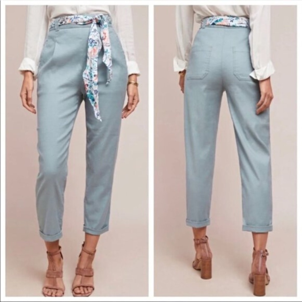 ANTHROPOLOGIE High Waisted Light Blue Linen Blend Cropped Pants Size 0